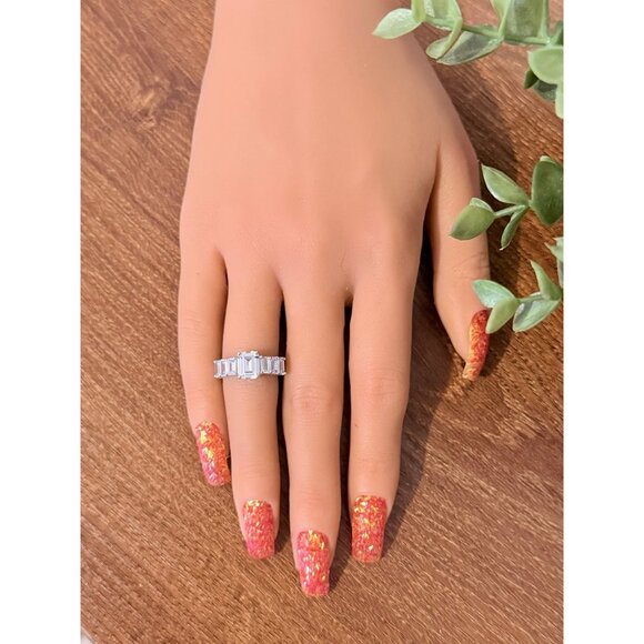 Sparkling 925 Silver Emerald Cut CZ’s Ring - Picture 9 of 10